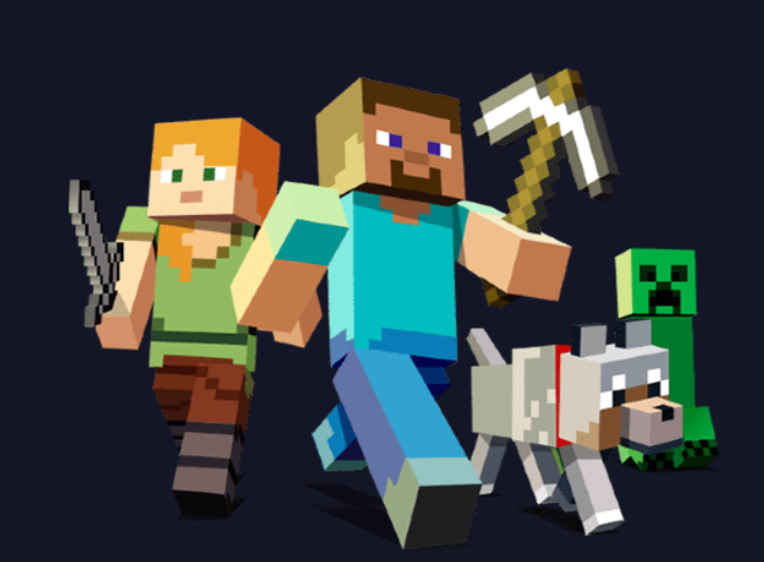 Minecraft characters - Steve, Alex, Creeper, and Wolf